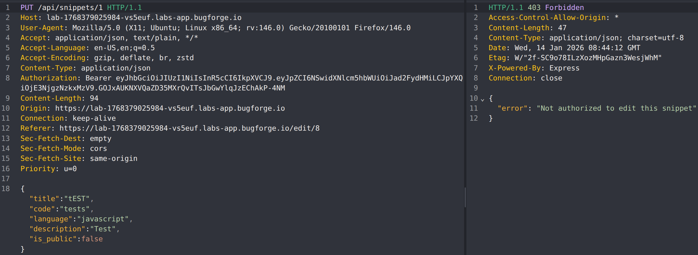 Unauthorised snippet update attempt