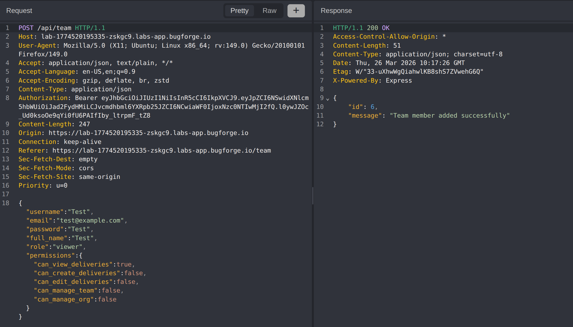 Create Team Member Request